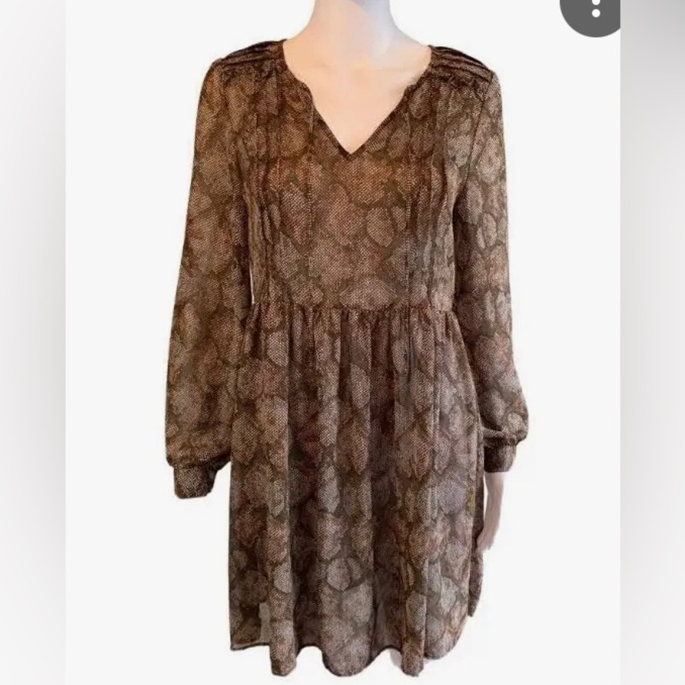 Women's Snake Print Long Sleeve V-Neck Dress - Brown